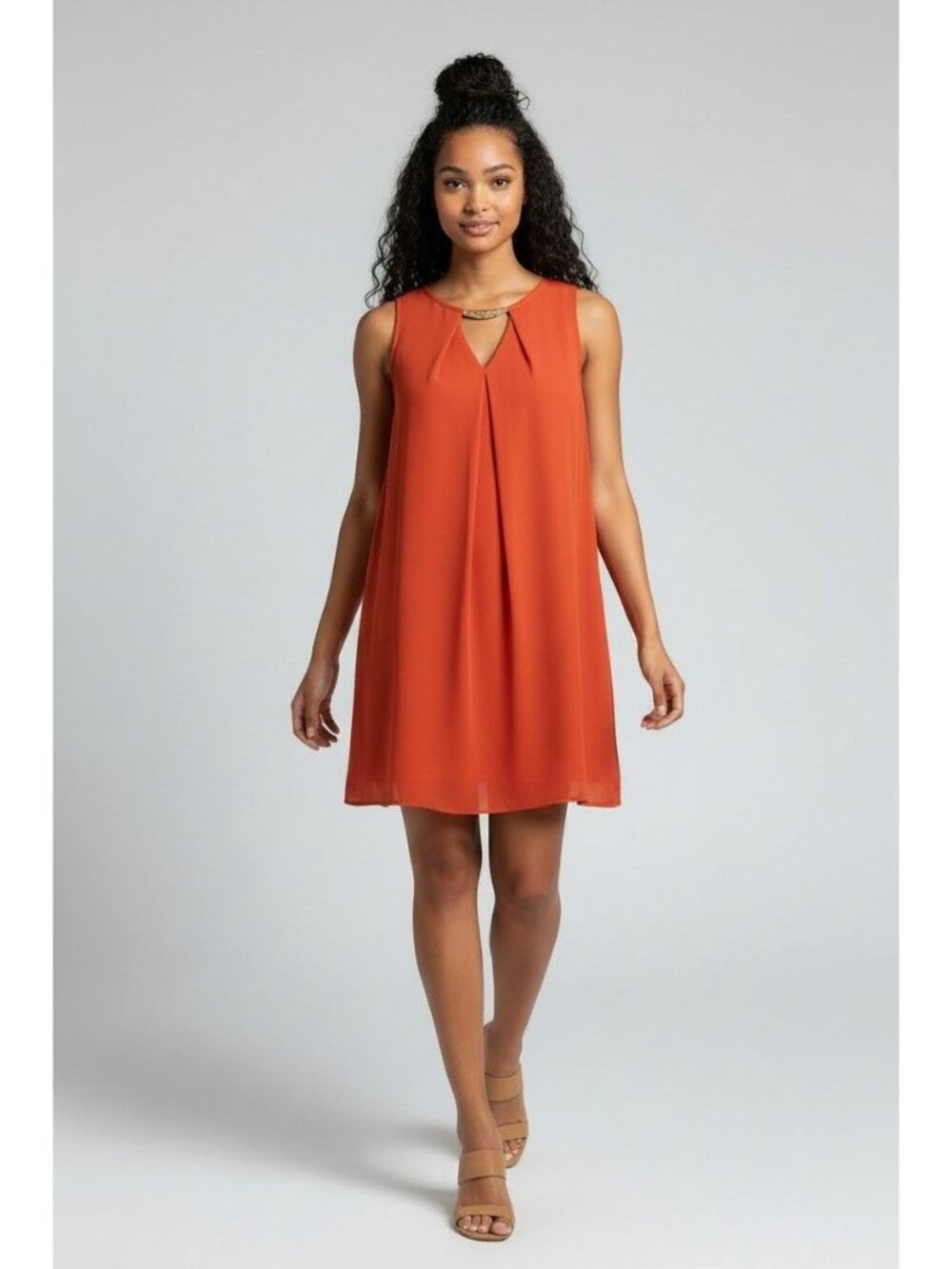 BCX Women’s Pleat Front, Chiffon Overlay Embellished Shift Dress, Red, Small